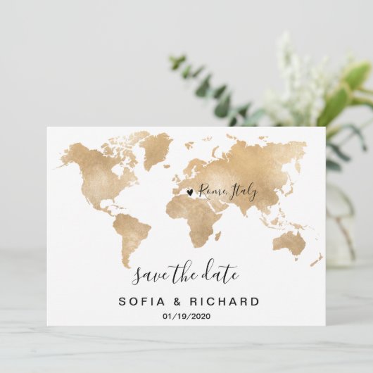 Invitation Mariage Destination World Map Gold Removable Heart (Debout devant)