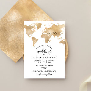 Invitation Mariage Destination World Map Gold Removable Heart