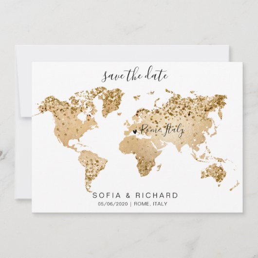 Invitation Mariage Destination World Map Gold Removable Heart (Devant)