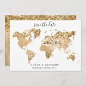 Invitation Mariage Destination World Map Gold Removable Heart (Devant / Derrière)