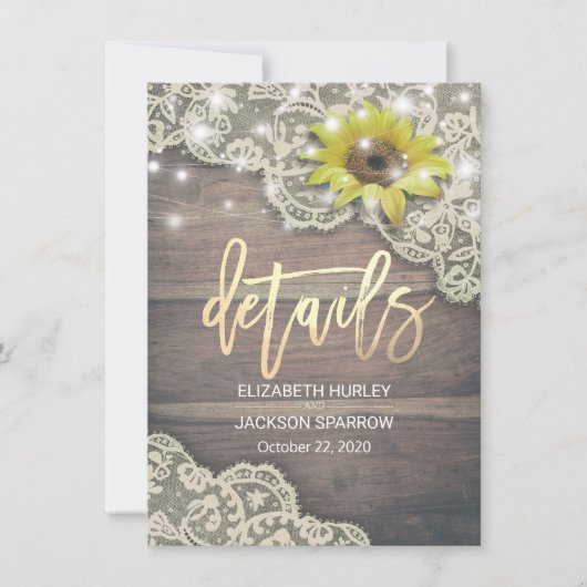 Invitation Mariage Détail Dentelle Tournesol Bois et lumières (Devant)