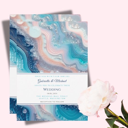 Invitation Mariage d'été à l'agate de marbre rose sarcelle