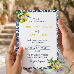 Invitation Mariage d'été aquarelle Méditerranée bleu citron