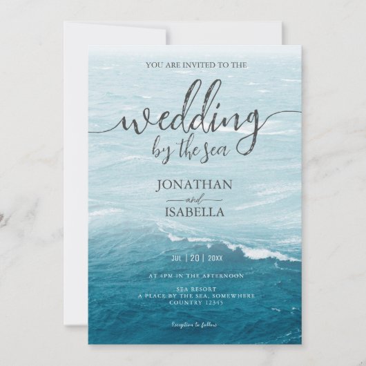 Invitation Mariage d'été au bord de la mer bleue ondulée ombr (Devant)