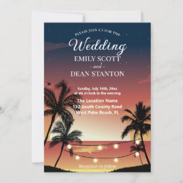 Invitation Mariage d'été avec des palmiers au coucher du sole