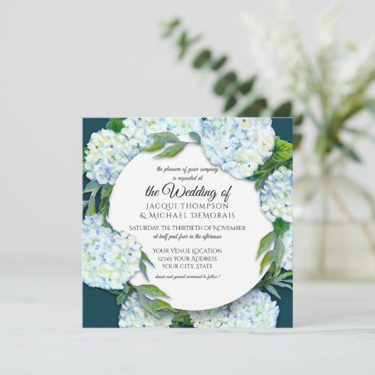Invitation Mariage d'été Blanc Hydrangea Floral Peacock Bleu (Debout devant)