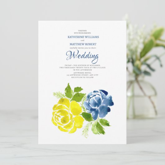 Invitation Mariage d'été bleu bleu jaune (Debout devant)