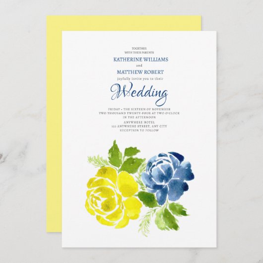 Invitation Mariage d'été bleu bleu jaune (Devant / Derrière)