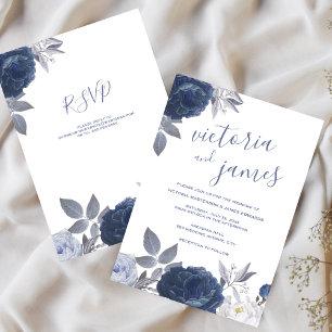 Invitation Mariage d'été Bleu brillant Floral avec RSVP