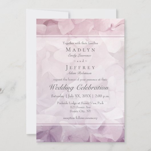Invitation Mariage d'été Blush Pink violet Hydrangea (Devant)