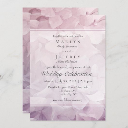 Invitation Mariage d'été Blush Pink violet Hydrangea (Devant / Derrière)