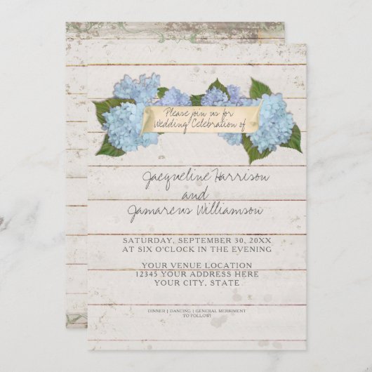 Invitation Mariage d'été BOHO Shiplap Bois de bord Hydrangea (Devant / Derrière)