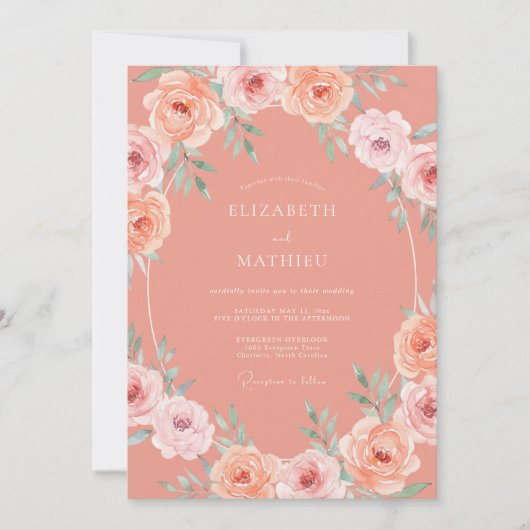 Invitation Mariage d'été botanique aux tons de pêche (Devant)