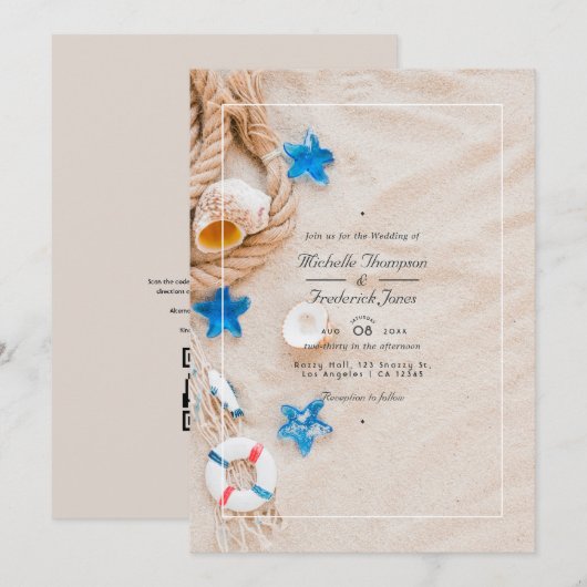 Invitation Mariage d'été cool sur la plage, réponse QR Code R (Devant / Derrière)