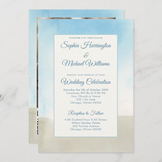 Invitation Mariage d'été de plage Modèle QR Code sur le dos (Devant / Derrière)