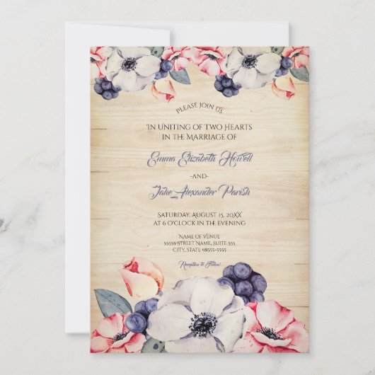 Invitation Mariage d'été en fleurs de bleuets en bois clair r (Devant)