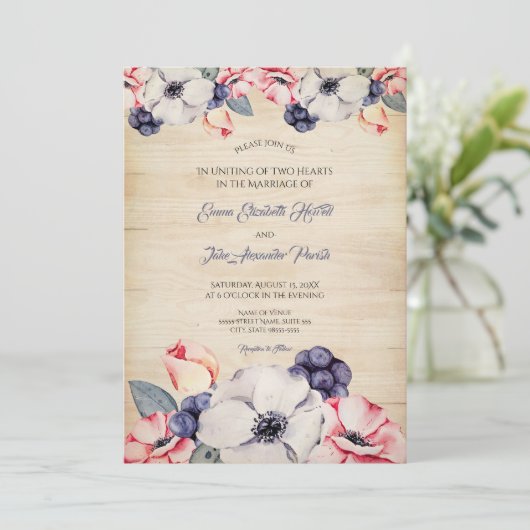 Invitation Mariage d'été en fleurs de bleuets en bois clair r (Debout devant)