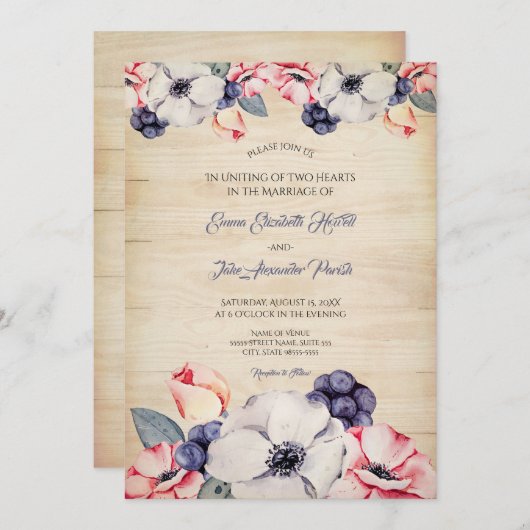 Invitation Mariage d'été en fleurs de bleuets en bois clair r (Devant / Derrière)