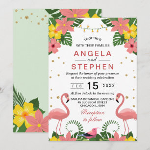 Invitation Mariage d'été flamant rose floral tropical
