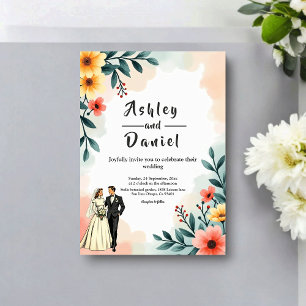 Invitation Mariage d'été Floral Aquarelle Couple Romantique