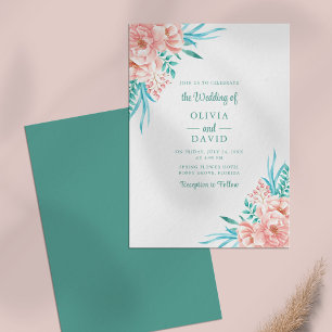Invitation Mariage d'été floral pêche et turquoise