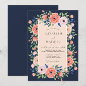 Invitation Mariage d'été luxuriant bleu marine (Devant / Derrière)