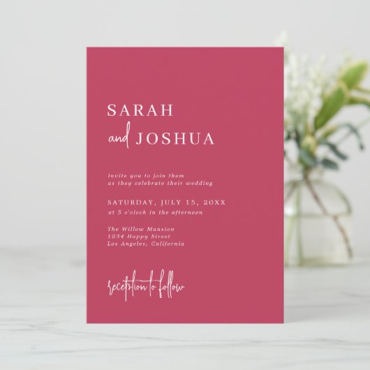 Invitation Mariage d'été moderne simple Magenta Script (Debout devant)