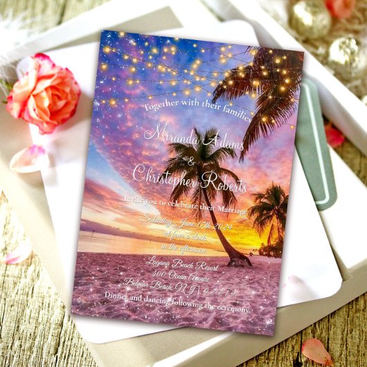 Invitation Mariage d'été moderne Sunset Beach et Stars