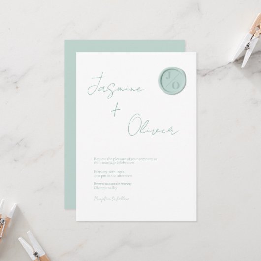 Invitation Mariage d'été monogramme personnalisé sauge vert c (Devant/Arrière en situation)