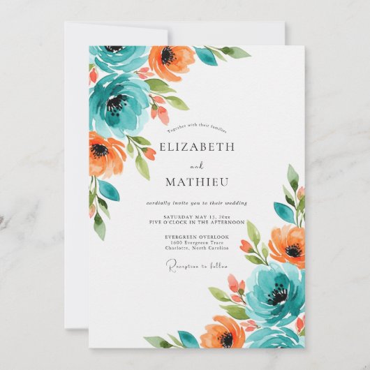 Invitation Mariage d'été orange sarcelle brillant (Devant)