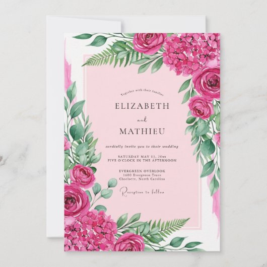 Invitation Mariage d'été orné de fuchsia (Devant)