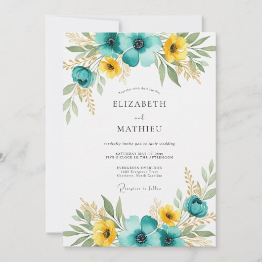 Invitation Mariage d'été poétique jaune cyan (Devant)