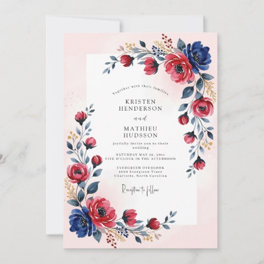 Invitation Mariage d'été romantique Navy Crimson (Devant)