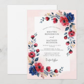Invitation Mariage d'été romantique Navy Crimson (Devant / Derrière)