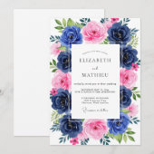 Invitation Mariage d'été rose Navy luxuriant (Devant / Derrière)