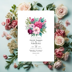 Invitation Mariage d'été Rose Pastel, Vert de Mer et Merlot