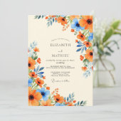Invitation Mariage d'été splendide bleu barbeau orange (Debout devant)