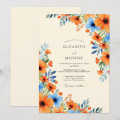 Invitation Mariage d'été splendide bleu barbeau orange (Devant / Derrière)