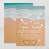 Invitation Mariage d'été sur la plage Cœurs Nom dans le sable (Devant / Derrière)