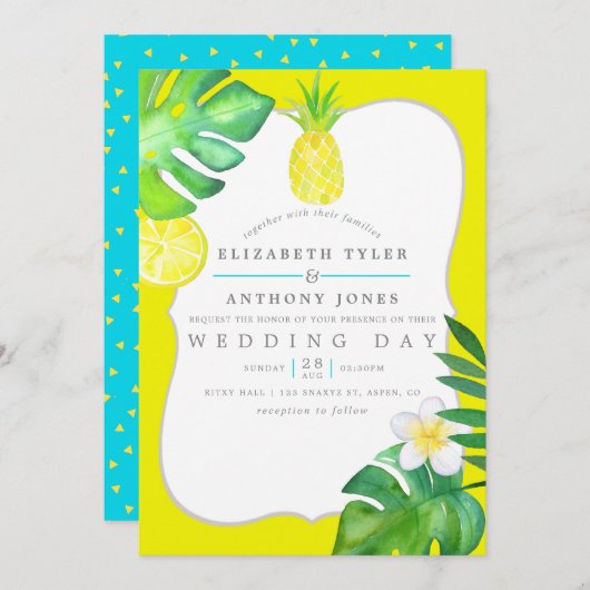 Invitation Mariage d'été Turquoise et Jaune (Devant / Derrière)