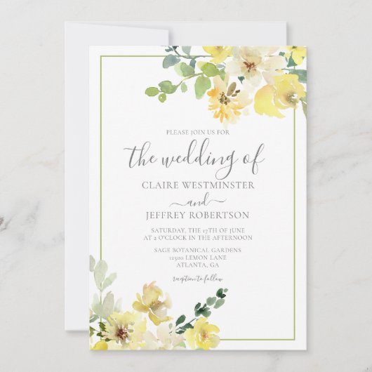 Invitation Mariage d'été vert sauge délicat jaune floral (Devant)
