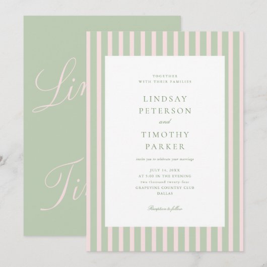 Invitation Mariage d'été vert sauge rose (Devant / Derrière)