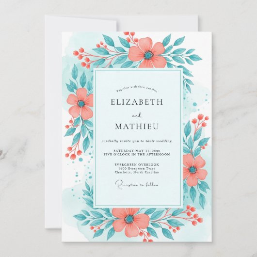 Invitation Mariage d'été vibrant corail et sarcelle (Devant)