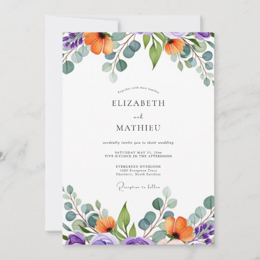 Invitation Mariage d'été vibrant orange violet (Devant)