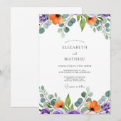 Invitation Mariage d'été vibrant orange violet (Devant / Derrière)