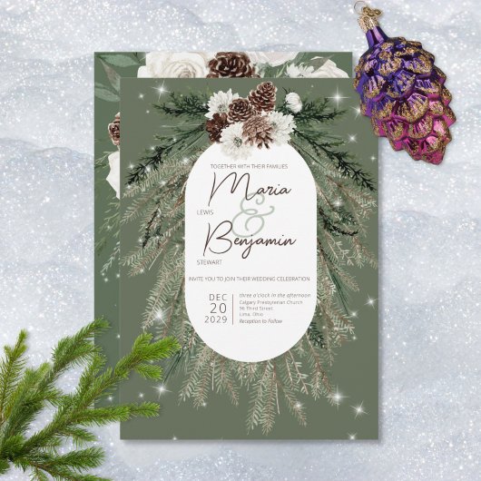 Invitation Mariage d'étincelle d'hiver Rustique Green Pine