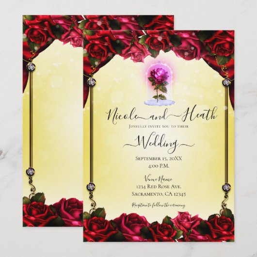 Invitation Mariage d'étincelle magique rouge rose jaune or (Devant / Derrière)