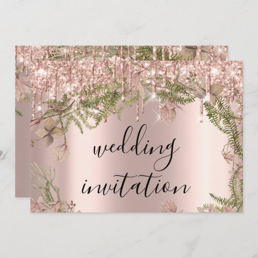 Invitation Mariage d'étincelle Rose Florals Mint (Devant / Derrière)