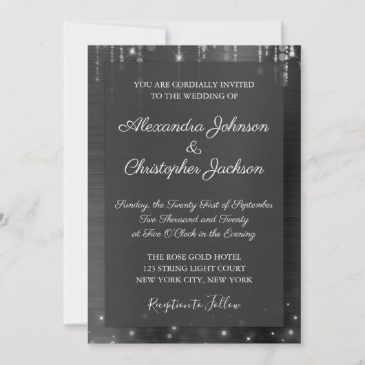 Invitation Mariage d'étincelles en argent et en noir (Devant)