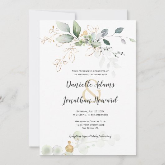 Invitation Mariage d'étincelles vertes et d'or (Devant)